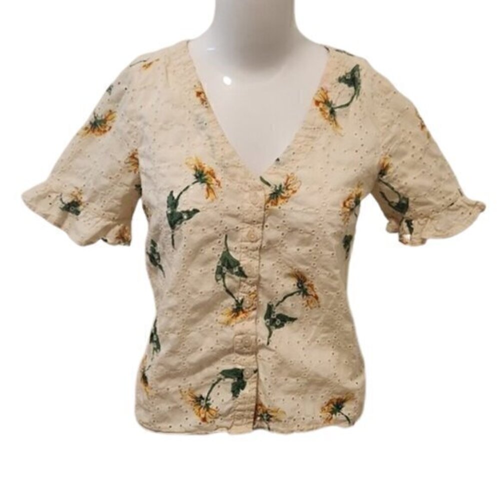 [Madewell] Floral Short Sleeve V-neck Button Down Blouse - Size XS